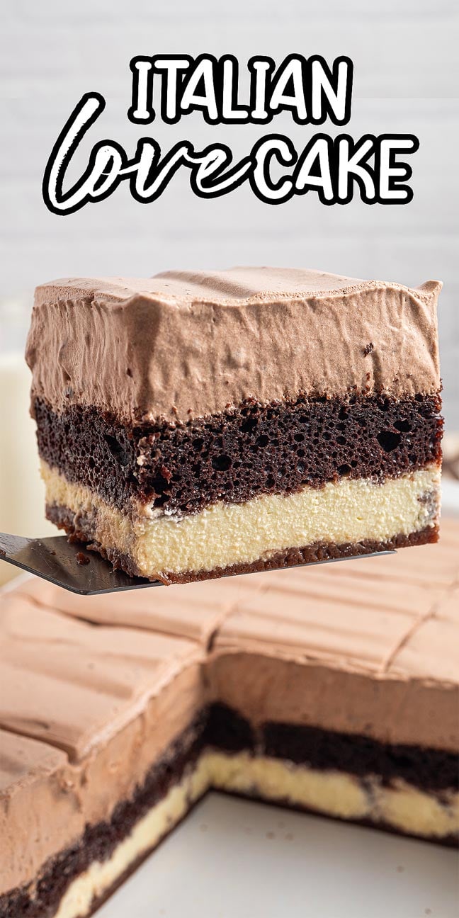 A decadent slice of Italian Love Cake with layers of chocolate cake, creamy ricotta filling, and rich chocolate frosting.