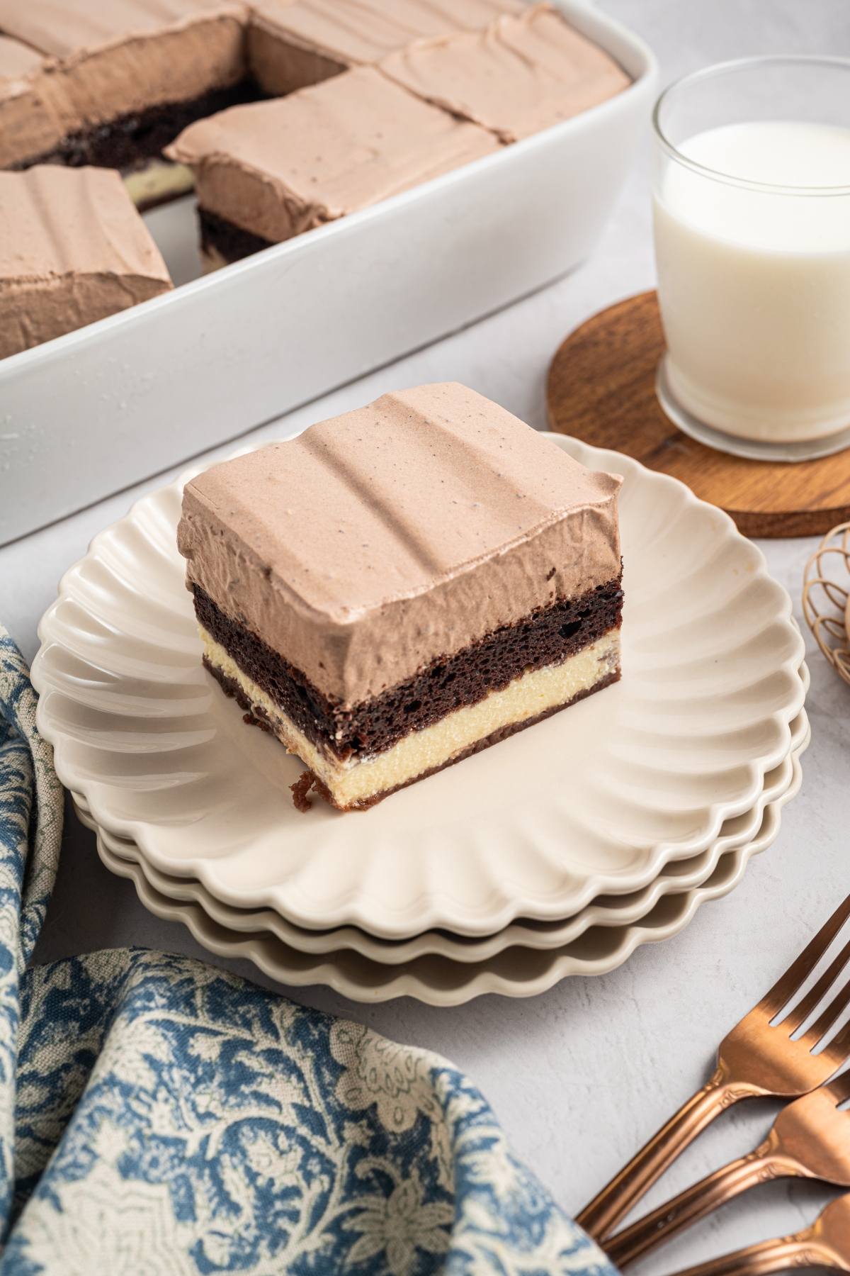 A slice of layered chocolate and vanilla cake with frosting on a plate, next to a glass of milk.