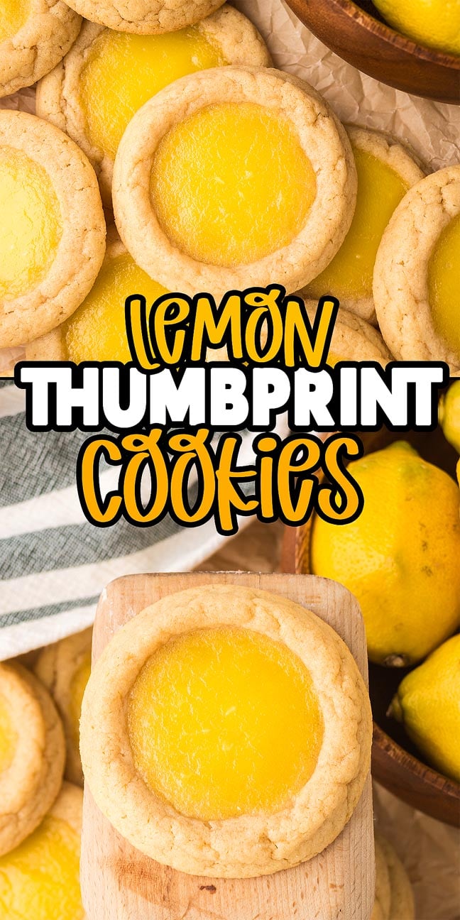 Lemon Thumbprint Cookies with vibrant yellow filling, surrounded by fresh lemons and a striped towel, make a delightful citrusy treat.