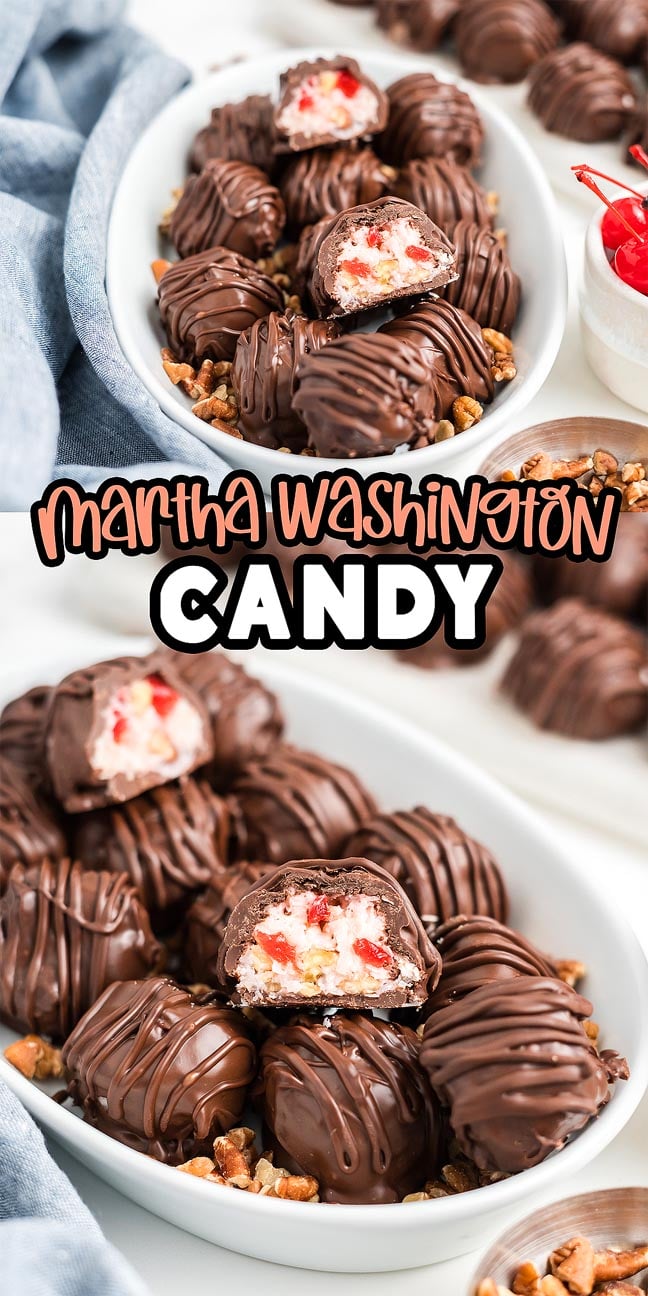 Martha Washington Candy chocolate-covered candies with creamy, cherry-filled centers are arranged on a white plate with chopped nuts.