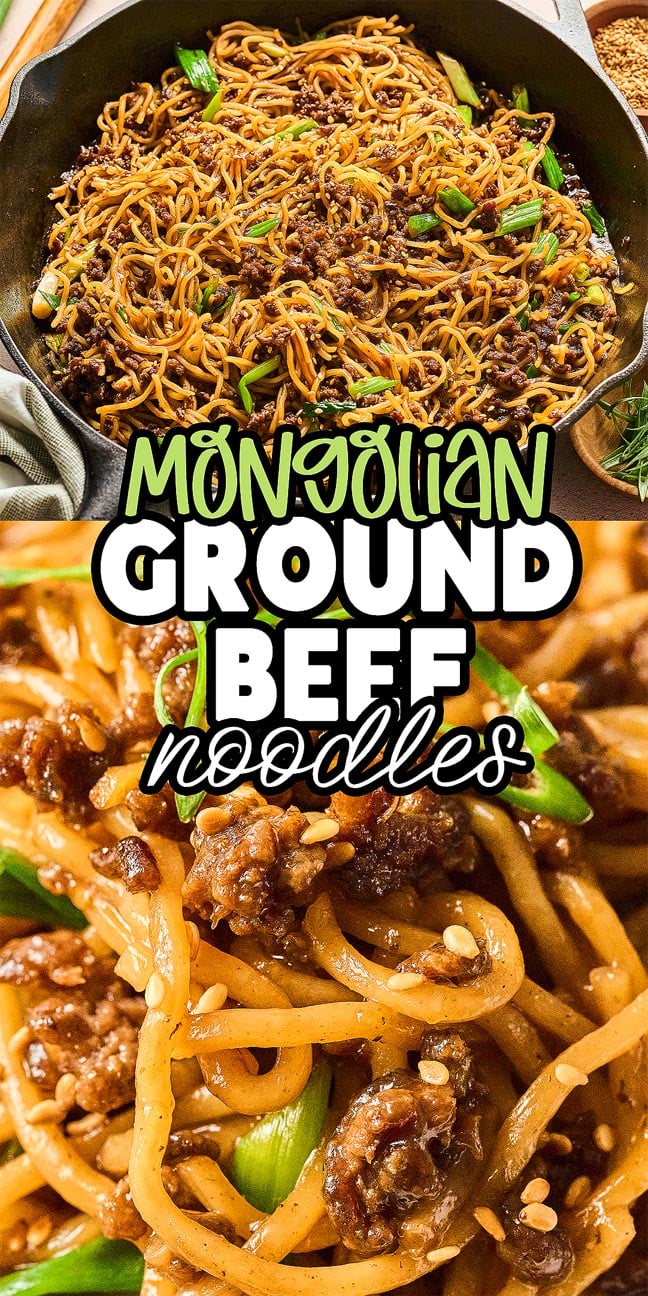Close-up of savory Mongolian Ground Beef Noodles in a skillet, topped with green onions and sesame seeds.