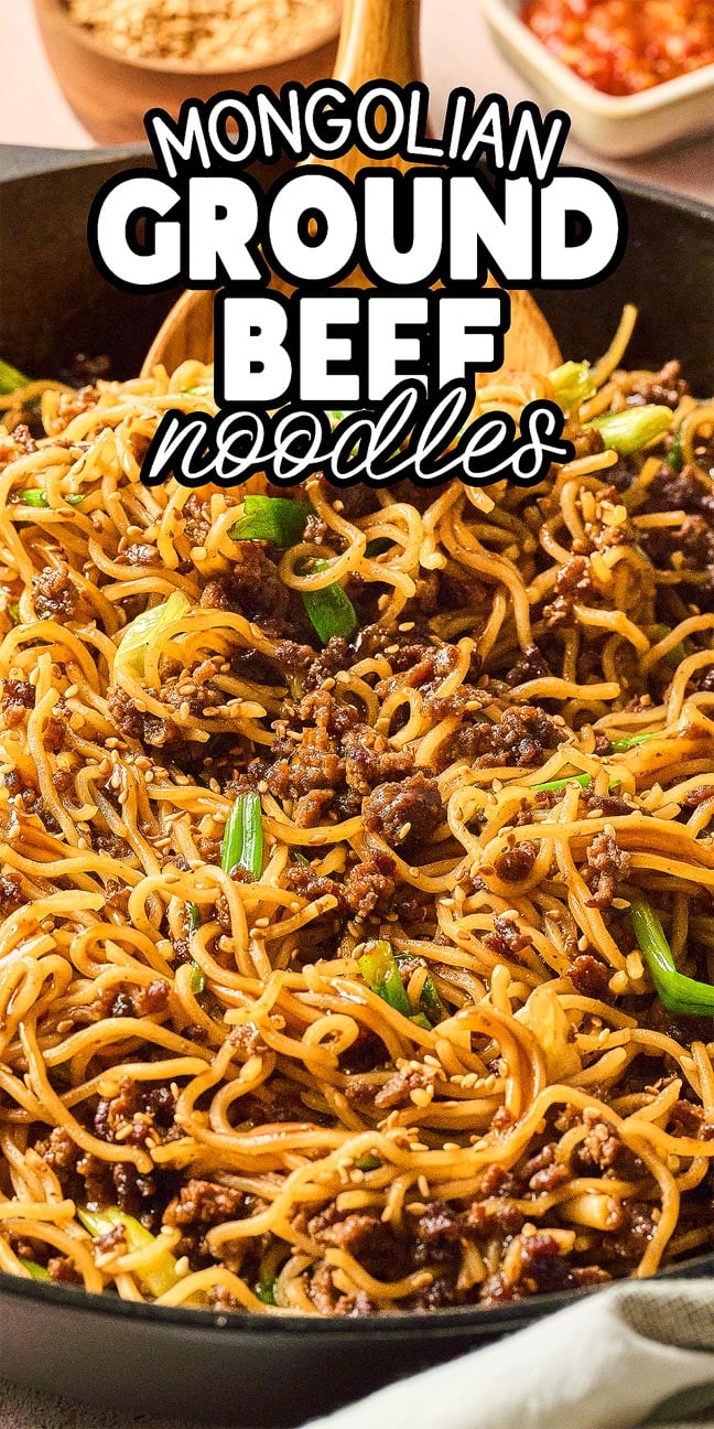 A skillet of Mongolian Ground Beef Noodles garnished with green onions, with text overlaying the image.