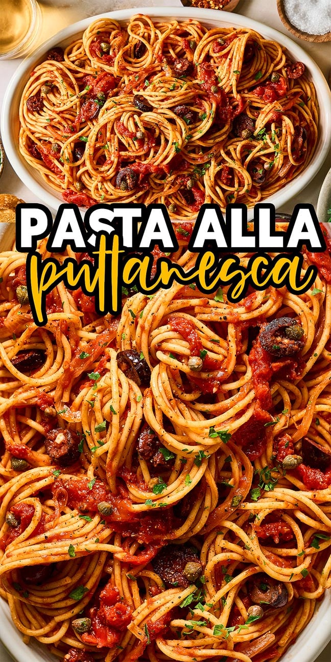 Plates of Pasta Puttanesca topped with tomato sauce, olives, and herbs seen from above.