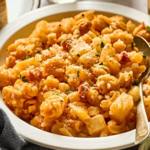A bowl of Pasta e Patate in tomato sauce, topped with grated cheese and parsley, with a spoon on the side.