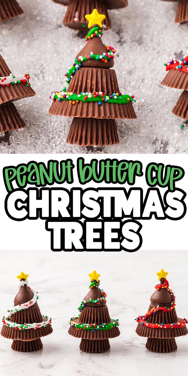 Peanut Butter Cup Christmas Trees are festive treats—three peanut butter cup trees decorated with icing, sprinkles, and a star-shaped candy on top.