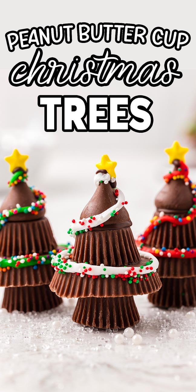 Three stacked Peanut Butter Cup Christmas Trees decorated with icing, sprinkles, and candy stars on top.