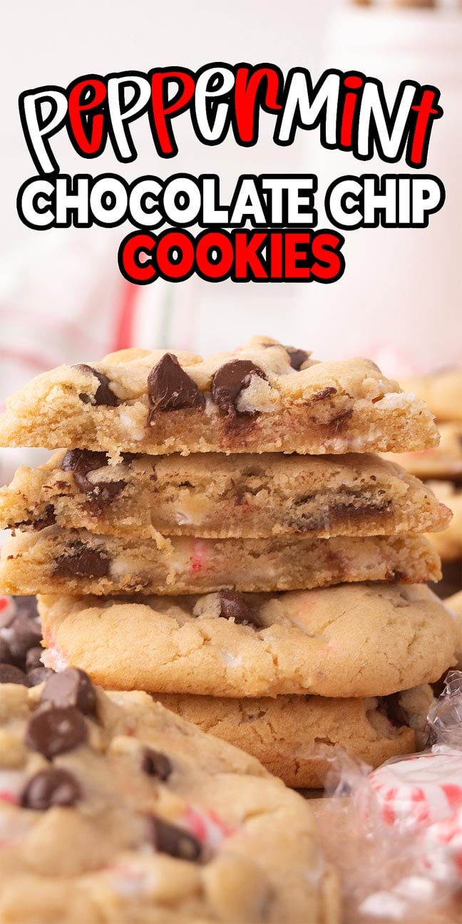 A stack of Peppermint Chocolate Chip Cookies loaded with chocolate chips and crushed peppermint pieces.