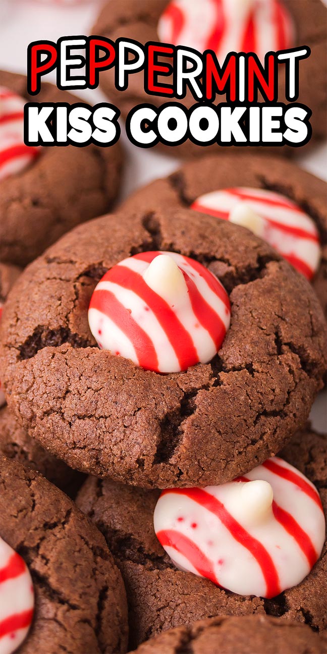 Close-up of Peppermint Kiss Cookies, chocolate cookies topped with red and white striped peppermint kisses, with text "PEPPERMINT KISS COOKIES.