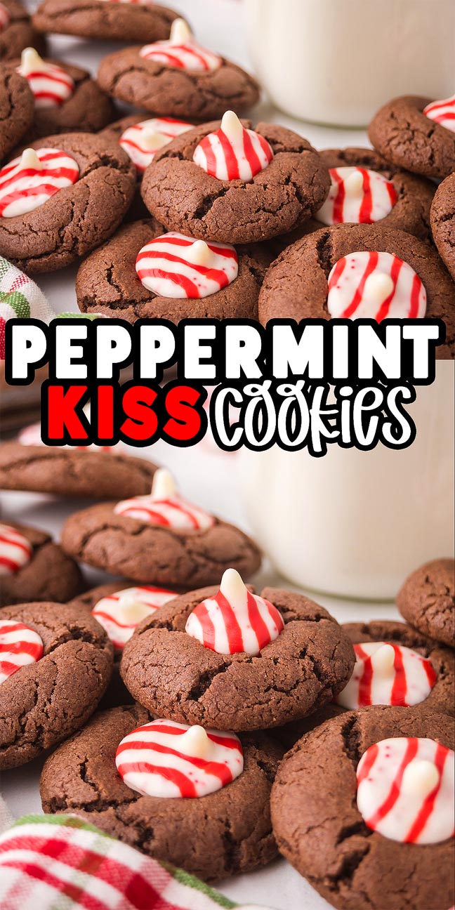 Peppermint Kiss Cookies: Chocolate cookies topped with red and white striped peppermint kisses, displayed next to a glass of milk.