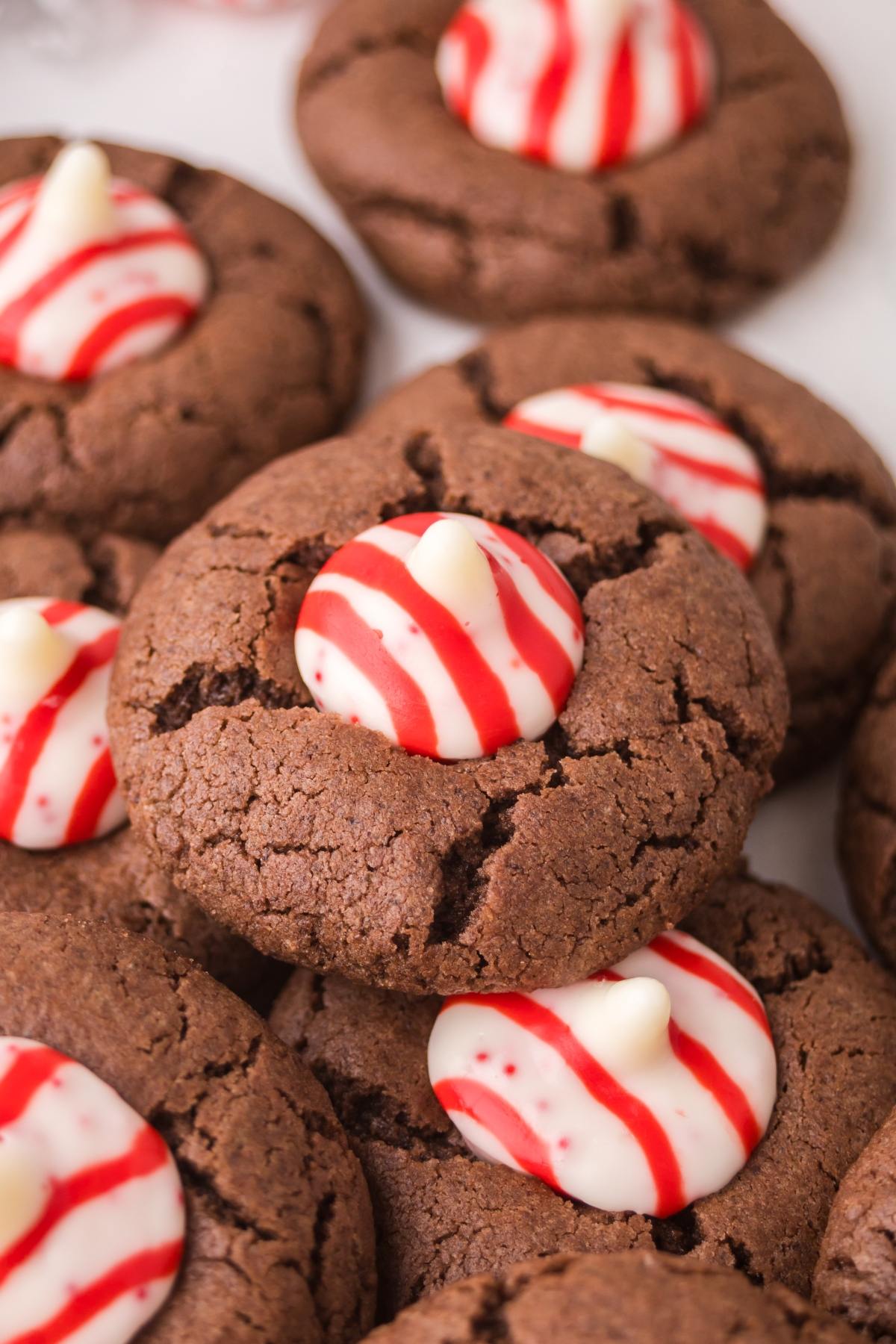 Chocolate Peppermint kiss cookies topped with white and red striped peppermint candies arranged closely together.
