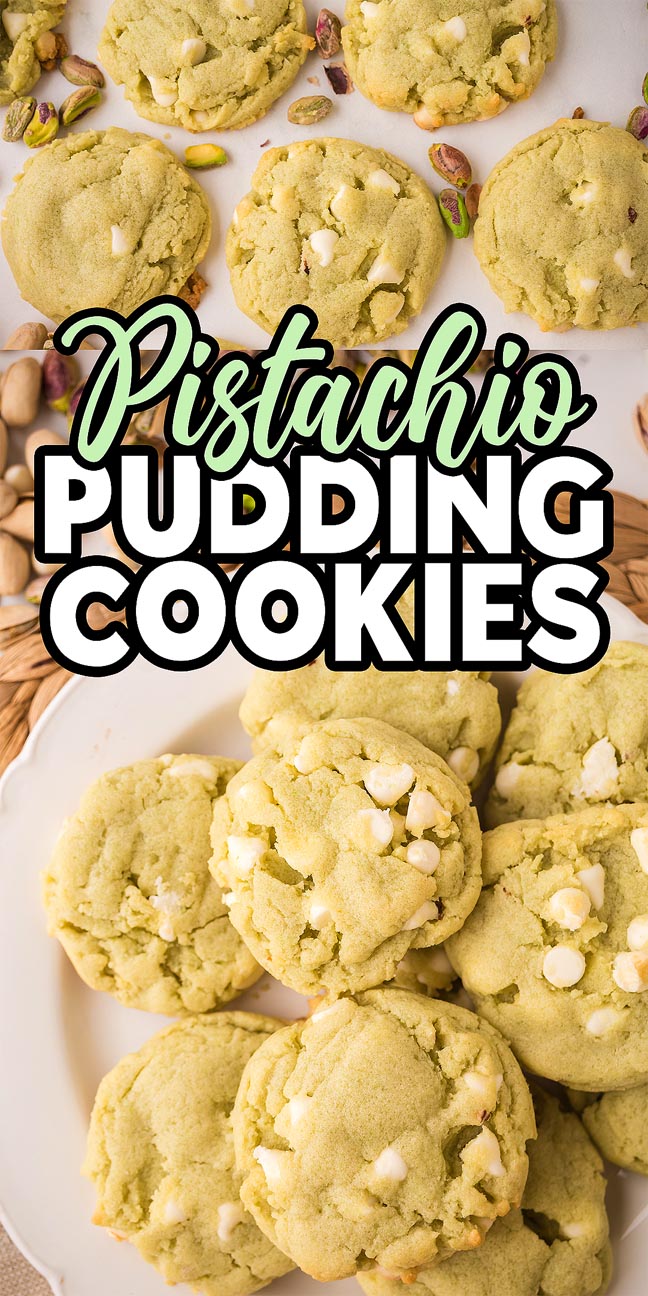 Top view of Pistachio Pudding Cookies with white chips, arranged on plates and surrounded by pistachios.