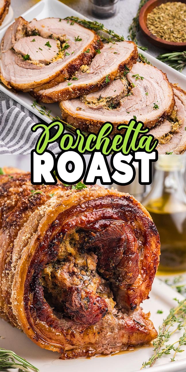 Sliced and whole porchetta roast arranged on plates, garnished with fresh herbs and served alongside seasonings.