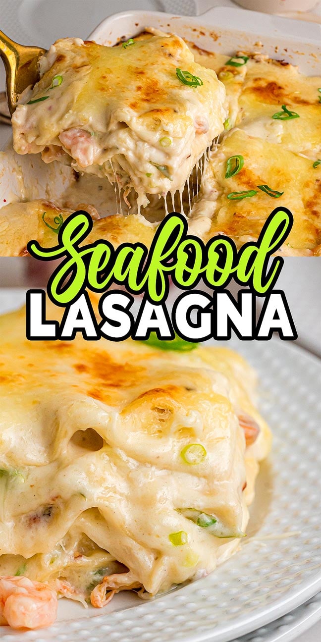 A cheesy seafood lasagna slice being served, with delicious layers of pasta, seafood, and melted cheese on display.