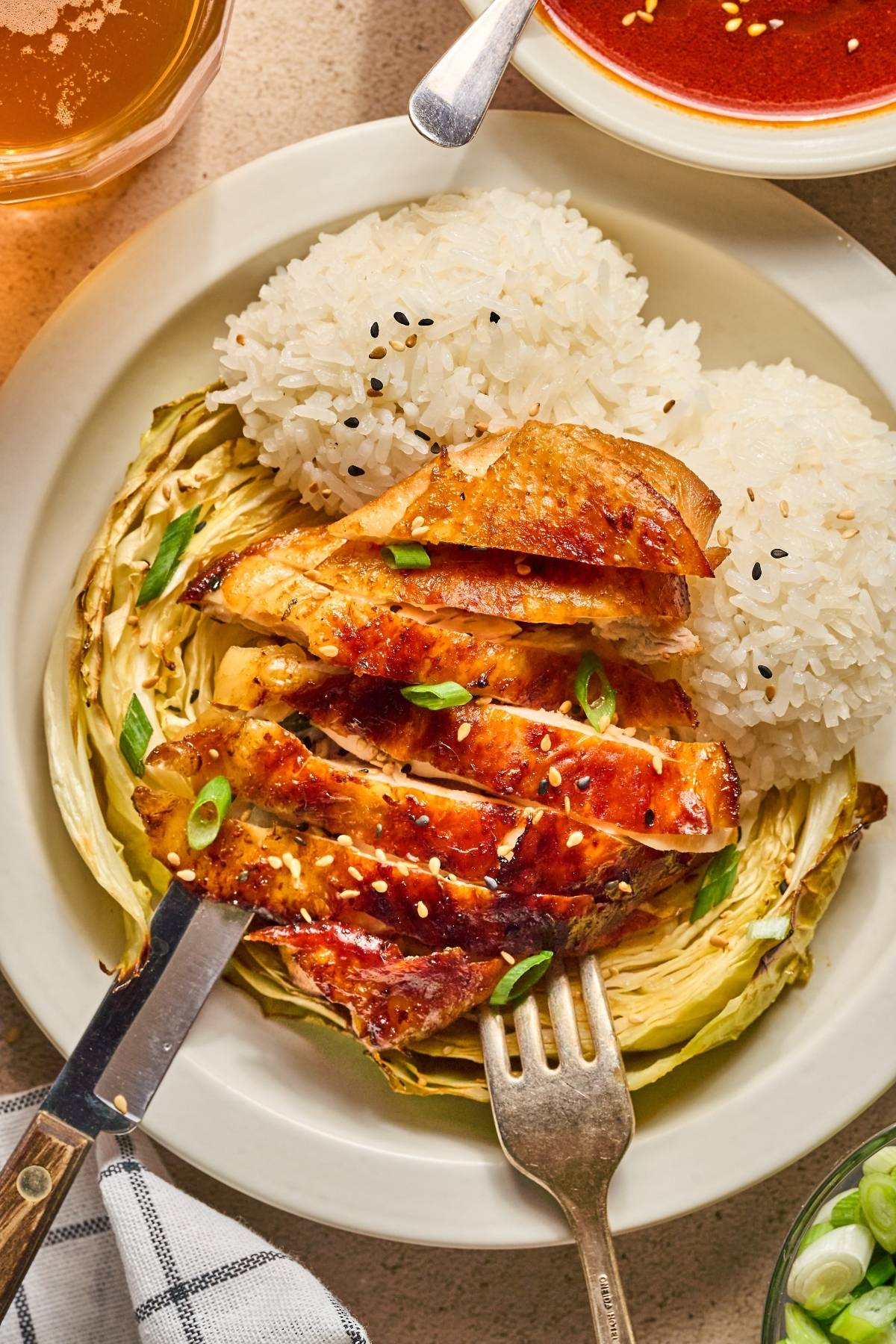Grilled chicken breast on cabbage with two rice servings, garnished with green onions and sesame seeds.