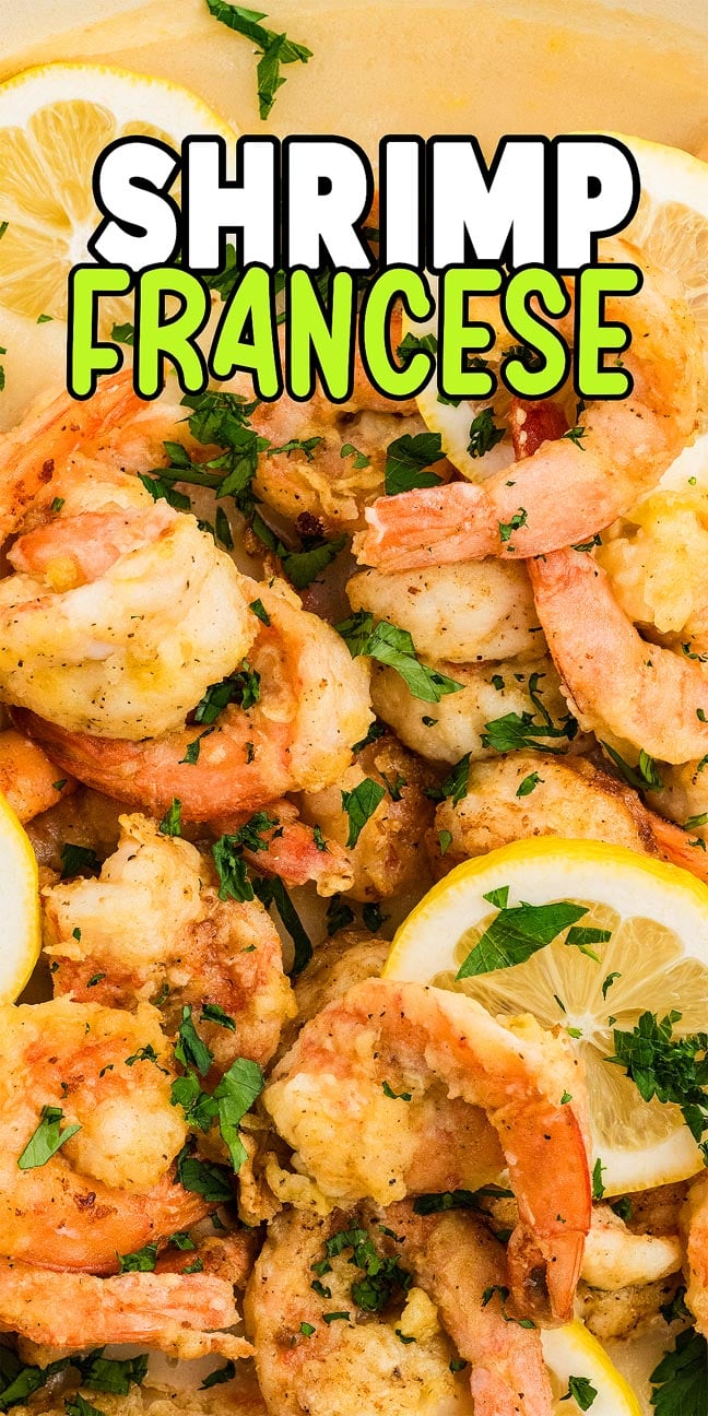 Cooked Shrimp Francese garnished with fresh parsley and lemon slices, with bold text labeling the dish.
