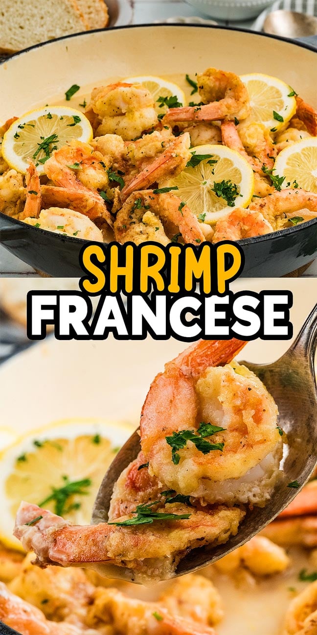 Golden Shrimp Francese with lemon slices and parsley, served in a pan and on a spoon, ready to eat.