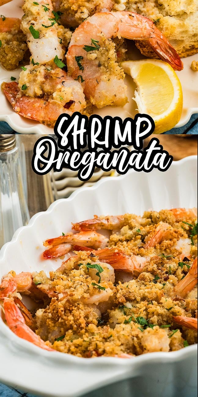 Shrimp Oreganata topped with golden breadcrumbs, garnished with fresh parsley and a lemon wedge, is beautifully presented in a white dish.