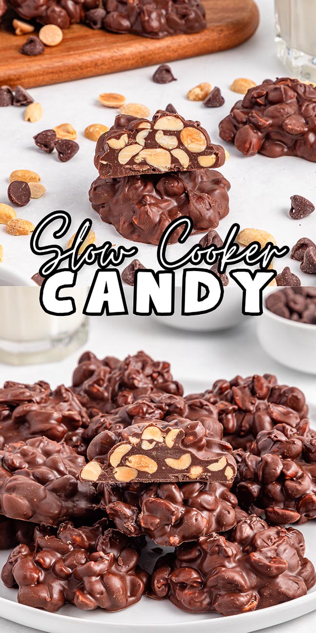 Chocolate clusters with peanuts are stacked on white plates, labeled "Crockpot Candy" in bold text.