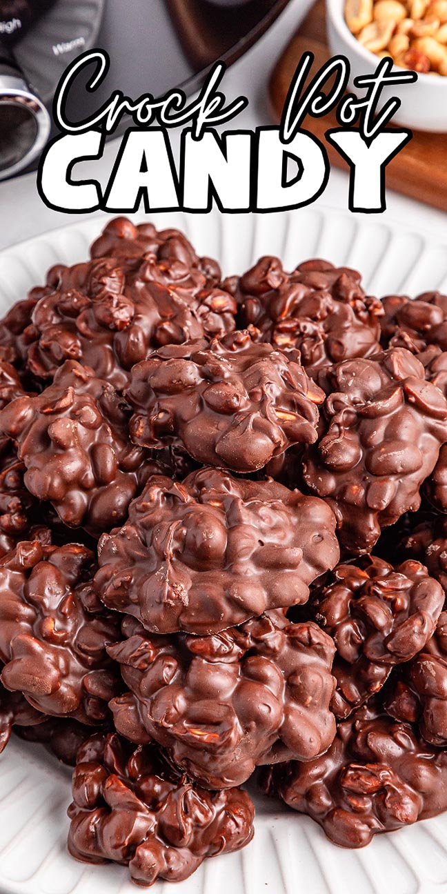 A plate piled with clusters of chocolaty Crockpot Candy and nuts, with text reading "Crockpot Candy.