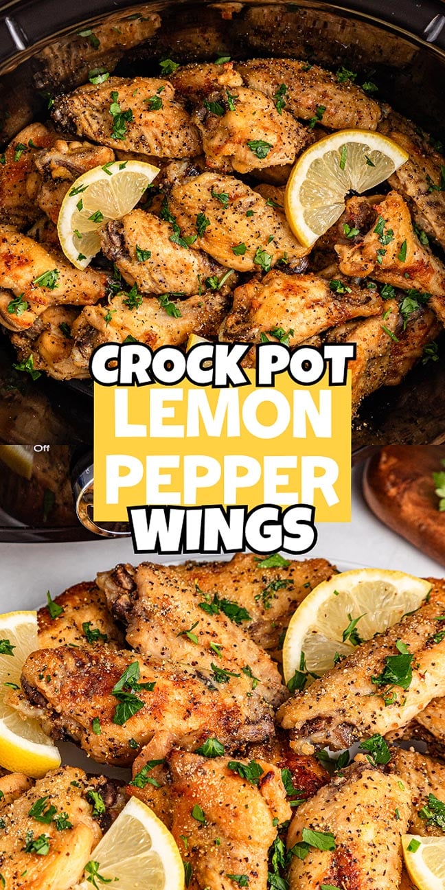 Slow cooker lemon pepper wings with fresh herbs and lemon slices, served hot from the crock pot or plated for a delicious, easy appetizer.