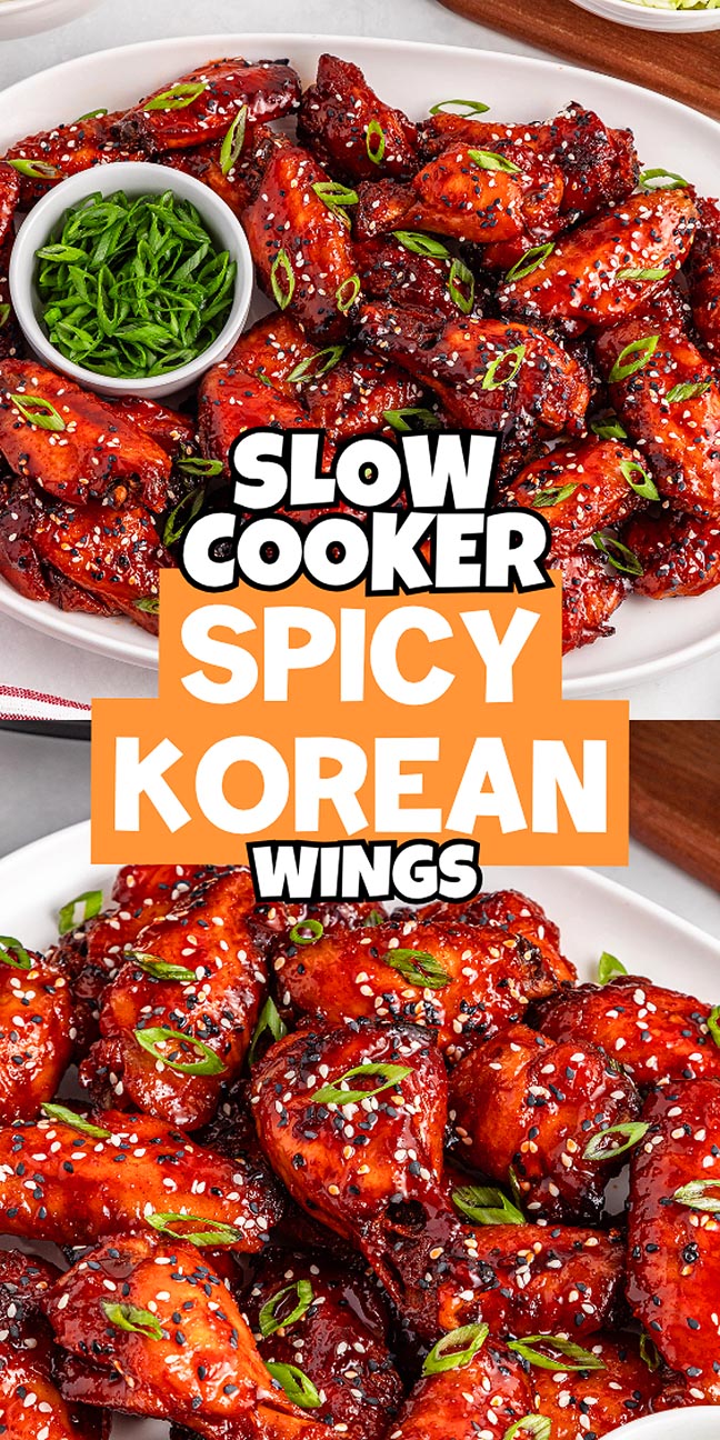 Close-up of slow cooker spicy Korean wings topped with sesame seeds and green onions on white plates.