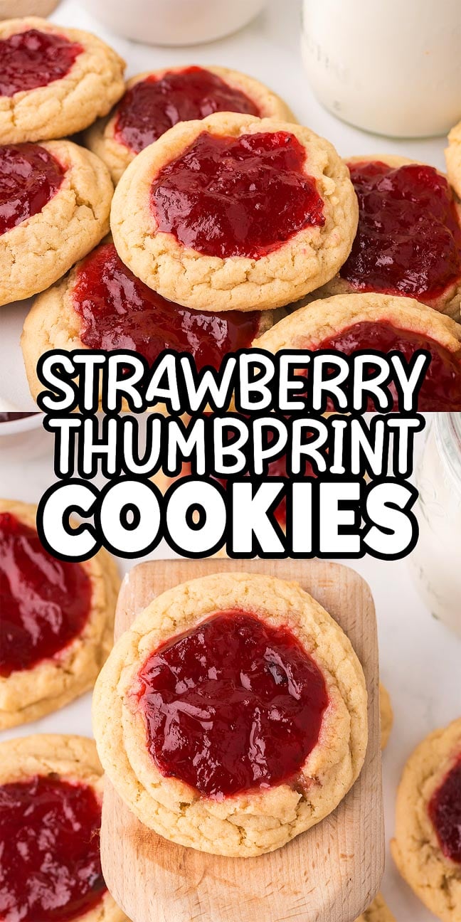 Several Strawberry Thumbprint Cookies with jam centers are arranged on a white surface, showcasing their delicious, homemade appeal.