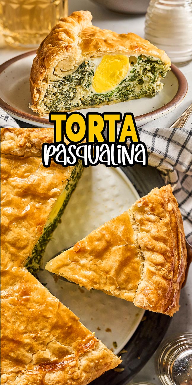 Slice of Torta Pasqualina reveals its classic spinach, ricotta, and egg filling; a whole Torta Pasqualina and a plated slice complete the scene.