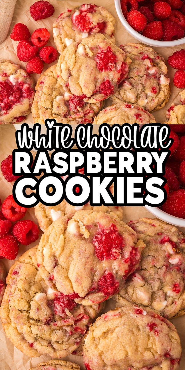 White Chocolate Raspberry Cookies with fresh raspberries rest on parchment paper, viewed from above.