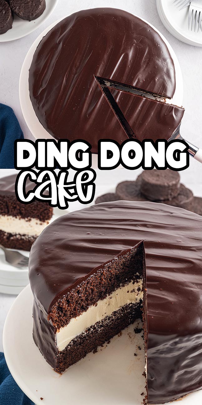 A chocolate Ding Dong Cake with creamy filling, sliced to reveal delicious layers, and "Ding Dong Cake" text overlaid.