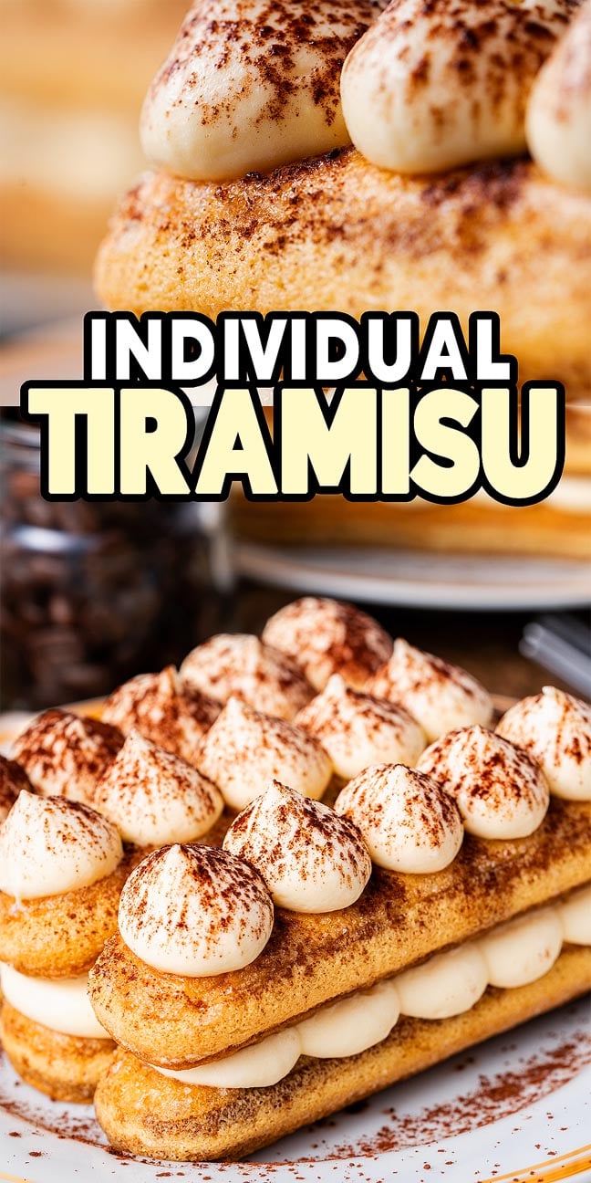 A close-up of individual tiramisu desserts topped with cocoa powder and piped cream, with bold text overlay highlighting these elegant treats.
