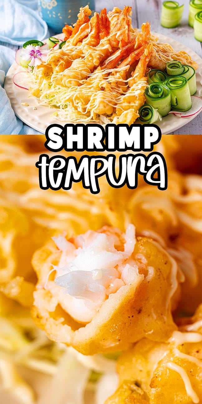 Crispy shrimp tempura rests atop noodles with cucumber spirals, garnished with delicate flowers, shown close up and beautifully plated.