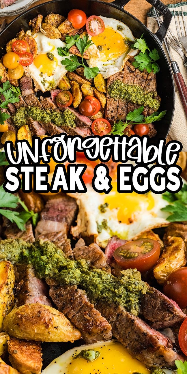 Skillet with steak and eggs, potatoes, tomatoes, and herbs; text reads "Unforgettable Steak & Eggs.