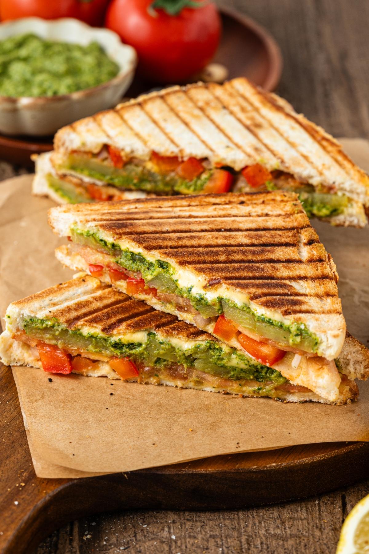 Three grilled vegetable bombay sandwiches stacked on parchment paper, with visible pesto, tomato, and melted cheese.