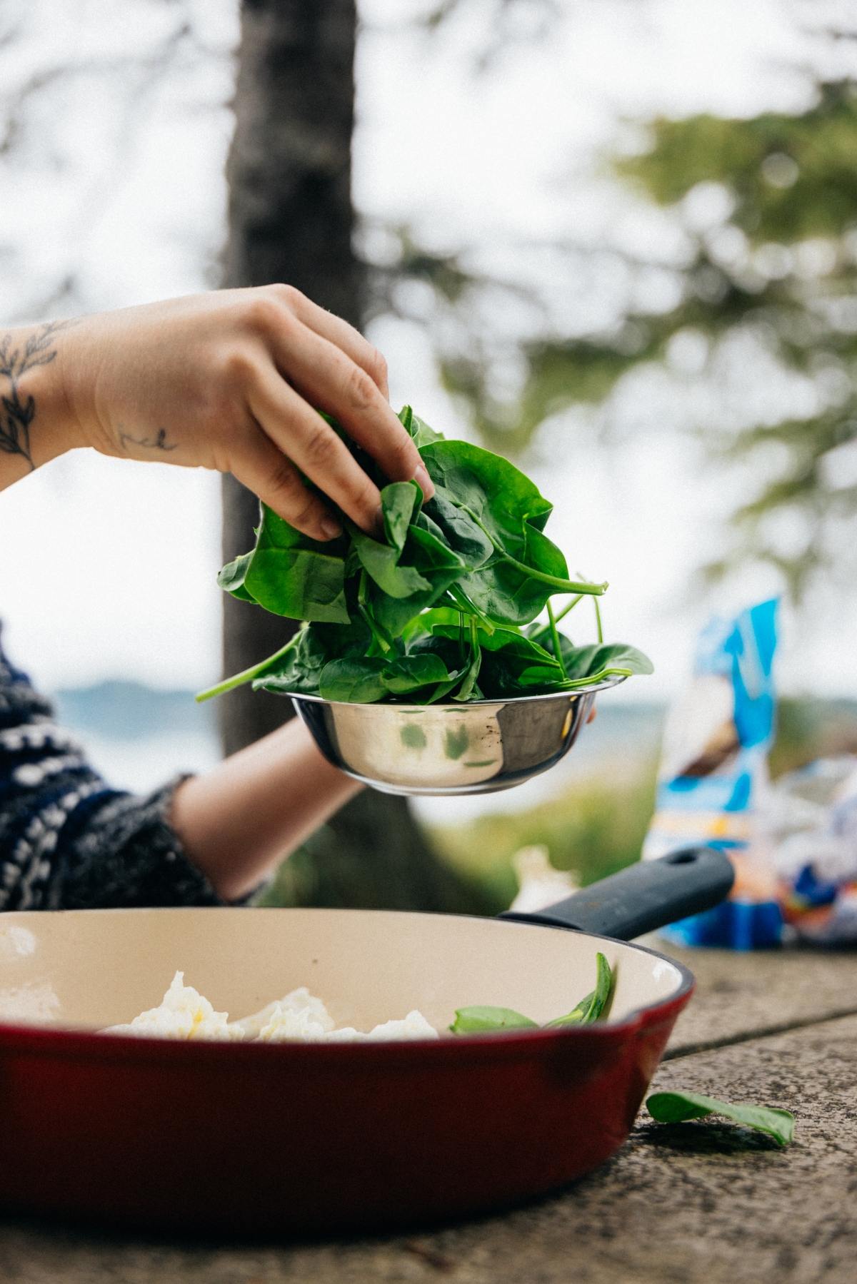 A hand holds fresh spinach leaves above a skillet outdoors, preparing to add them to the pan.