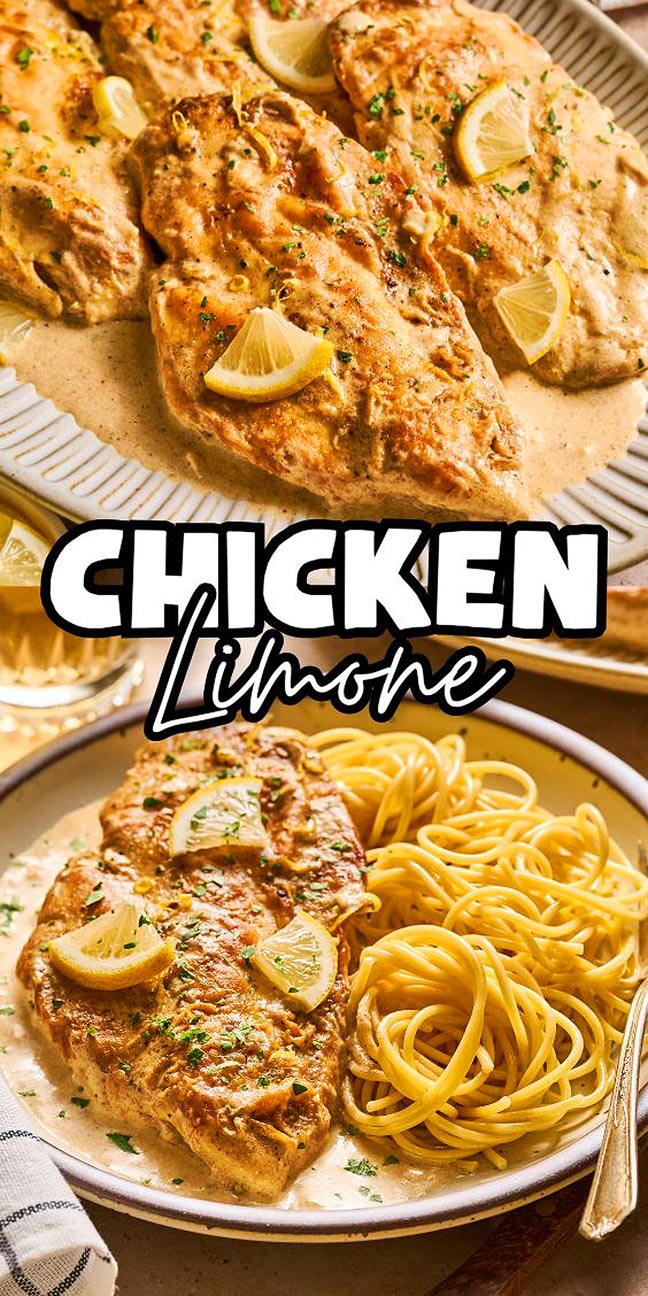 Golden chicken breasts with lemon wedges in a creamy sauce, served over pasta on a plate; text reads "Chicken Limone" for a zesty Italian-inspired dish.