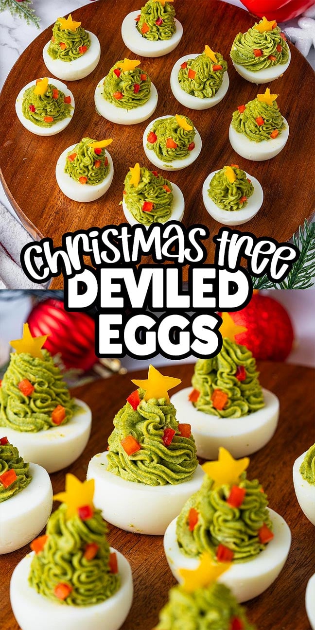 Christmas Tree Deviled Eggs topped with festive green filling shaped like Christmas trees, decorated with stars and red bits.