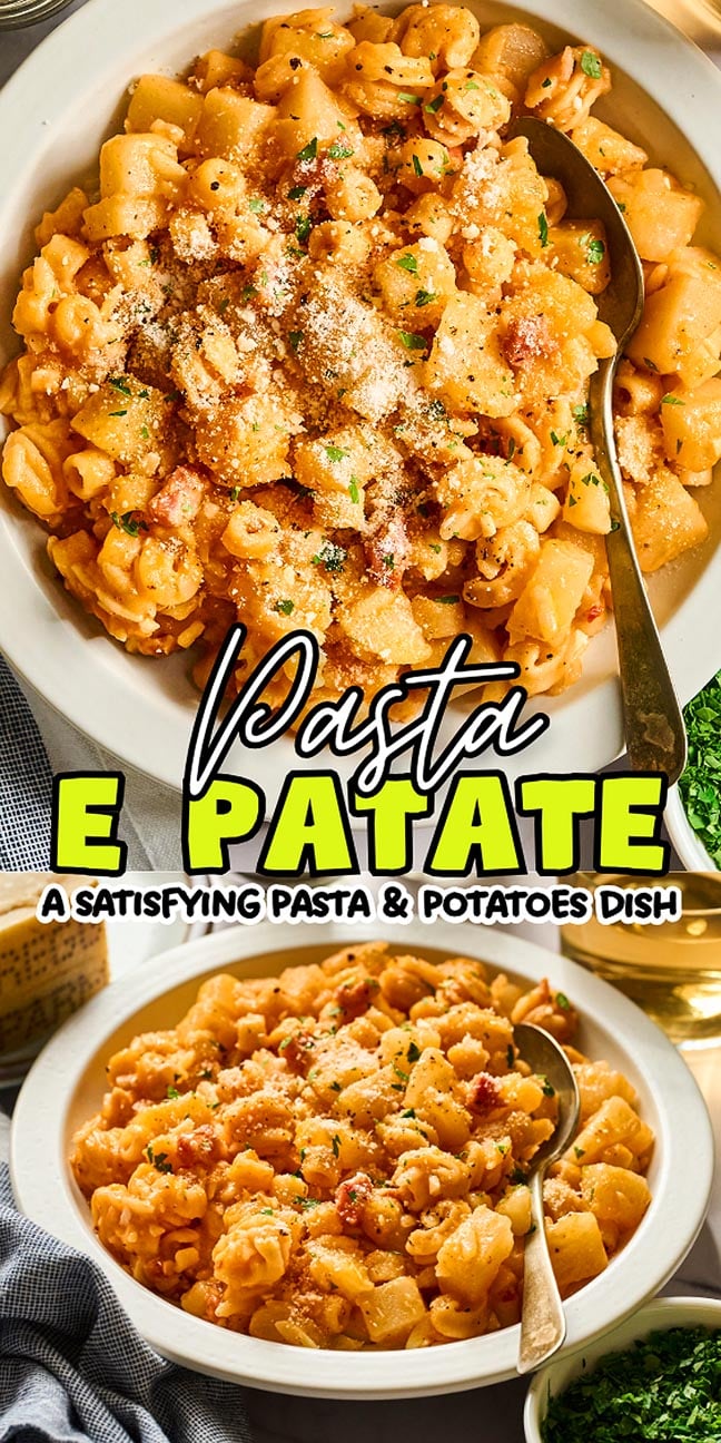 Two bowls of Pasta e Patate topped with grated cheese and parsley, served with a fork and garnished with fresh herbs.