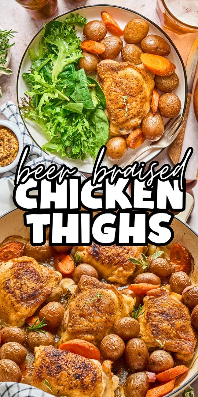 Top view of Beer Braised Chicken Thighs with potatoes, carrots, and salad, beautifully presented in two serving dishes.