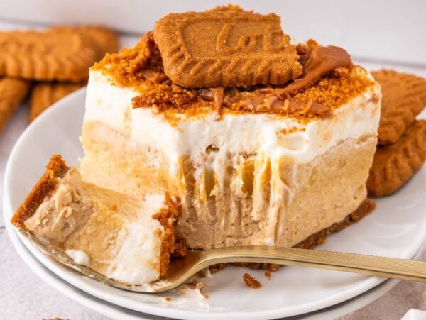 A slice of creamy cheesecake topped with Biscoff lush cookie crumbs and a whole cookie on a white plate with a fork.