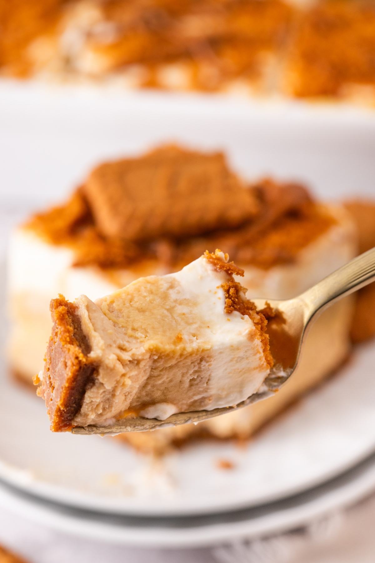 A close-up of a fork holding a bite of creamy layered biscoff lush dessert with a cookie crust and topping.