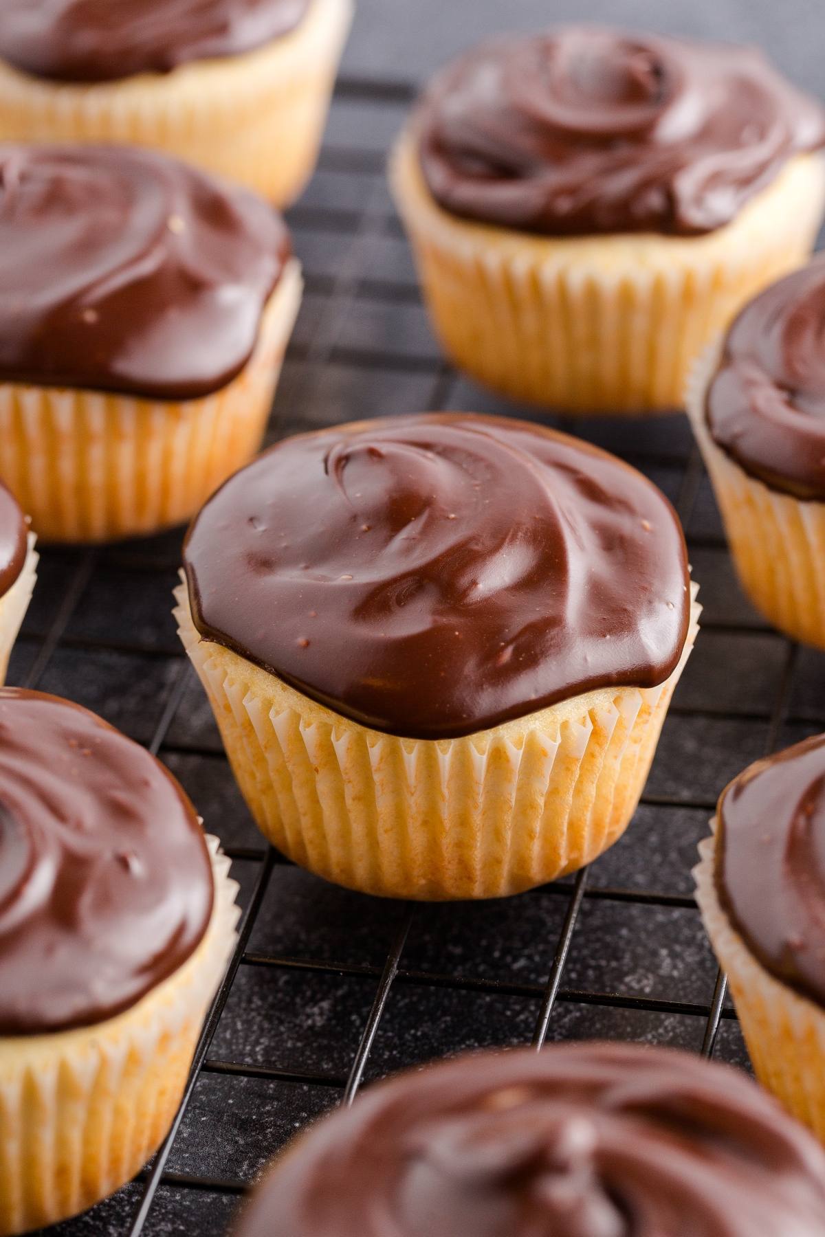 Vanilla Boston cream  cupcakes topped with glossy chocolate frosting on a cooling rack.