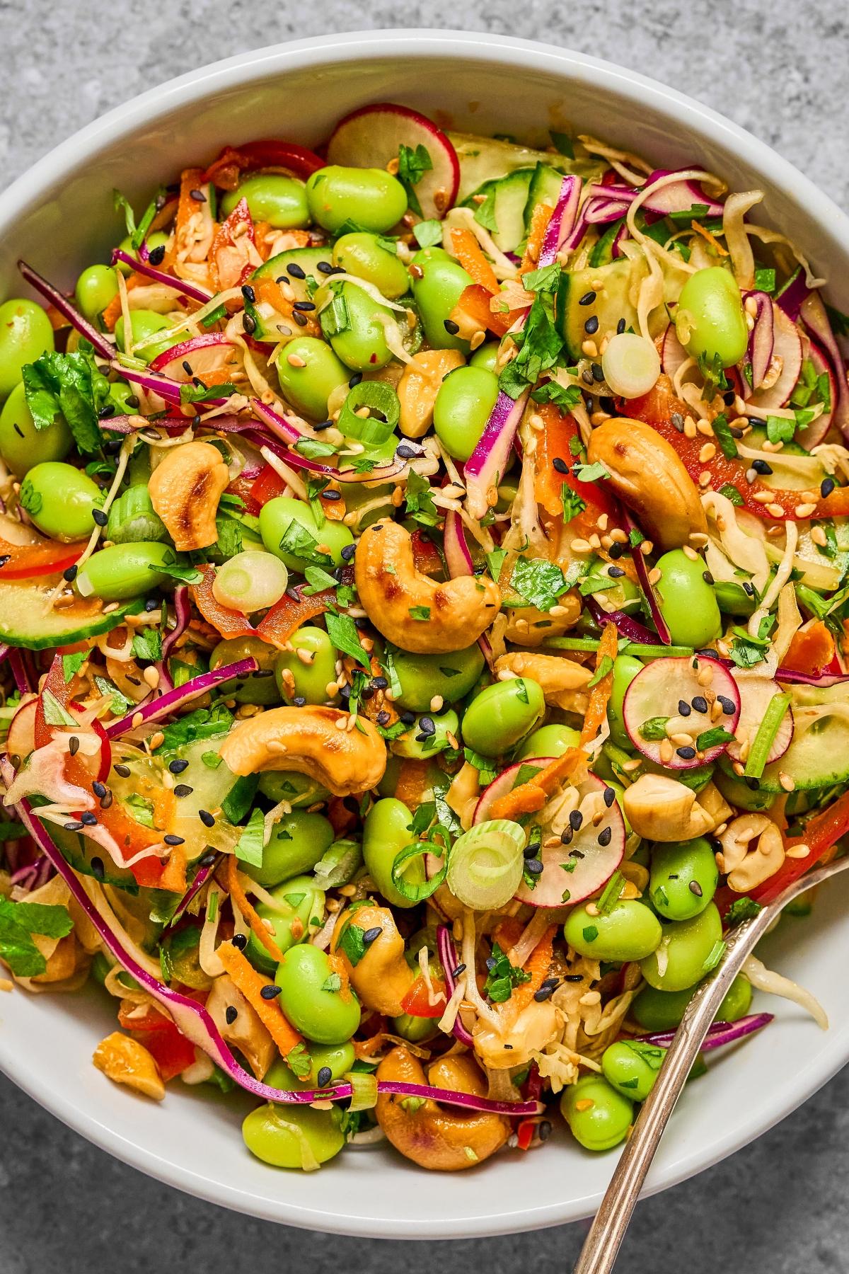 Colorful Asian salad with edamame, cashews, shredded cabbage, radish, carrots, and sesame seeds in a white bowl.