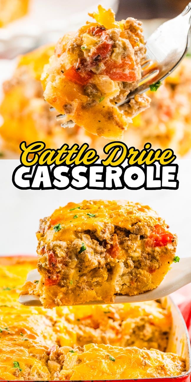 A serving of Cattle Drive Casserole is lifted from the dish, topped with melted cheddar and vegetables for a hearty, cheesy beef casserole experience.