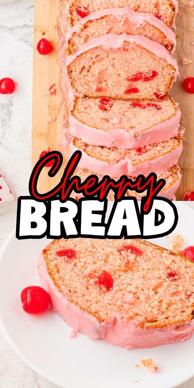 Cherry Bread sliced with pink icing on a cutting board and a plate, garnished with cherries.