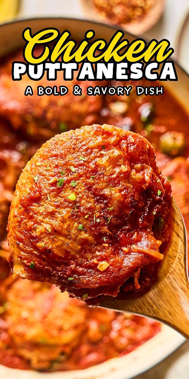 A wooden spoon lifts chicken in rich tomato sauce with text: "Chicken Puttanesca, a bold and savory Italian-inspired dish.