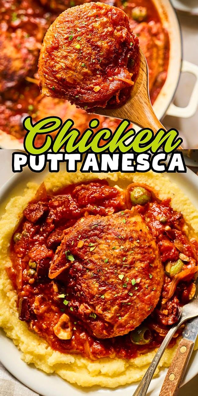 Chicken Puttanesca in tomato sauce served over creamy polenta, garnished with fresh herbs and olives.