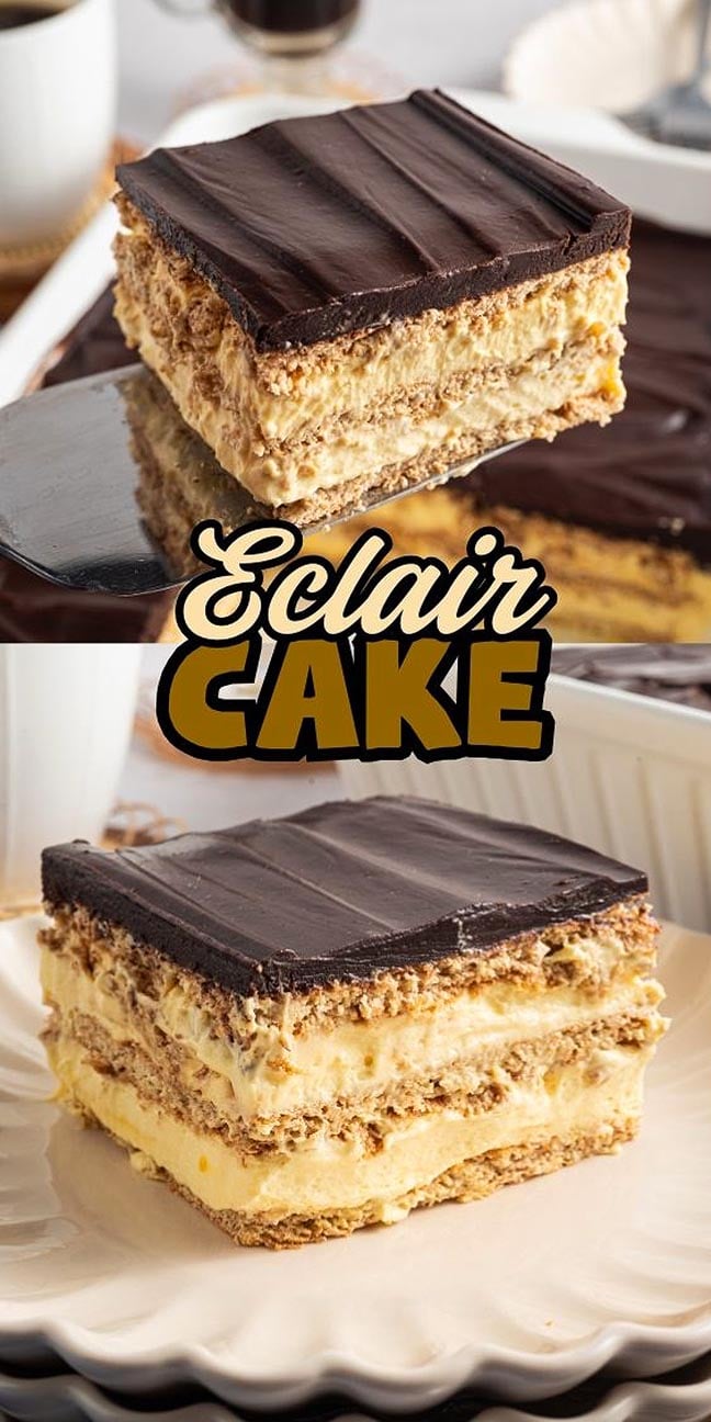 Two photos of a delicious Eclair Cake slice with chocolate topping and creamy filling on a plate.