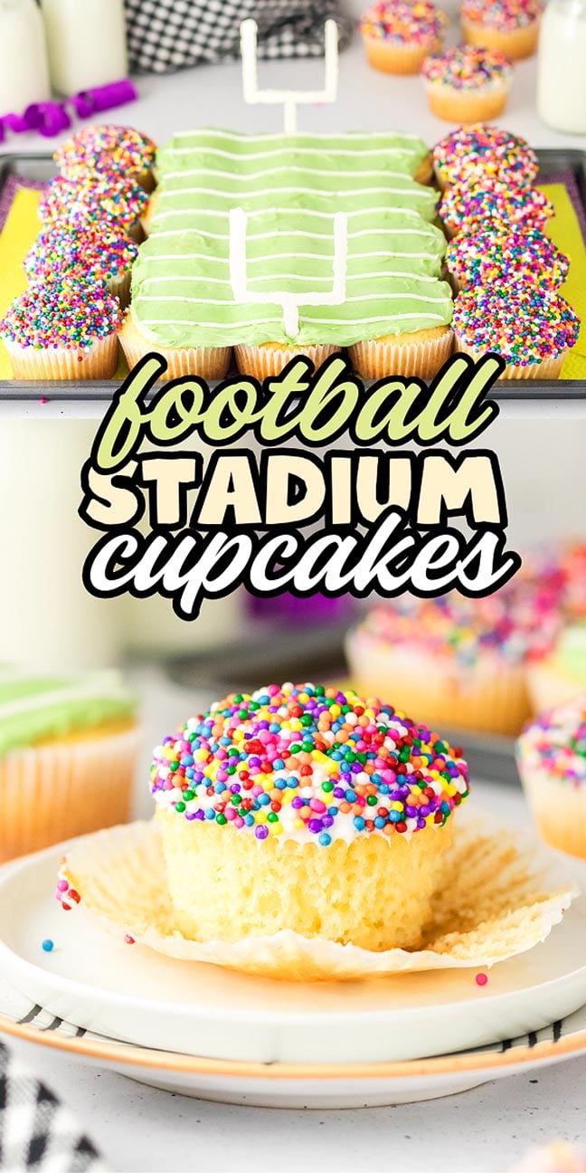 Football stadium cupcakes made with green frosting and rainbow sprinkles, arranged to look like a field—these football stadium cupcakes are perfect for game day celebrations.
