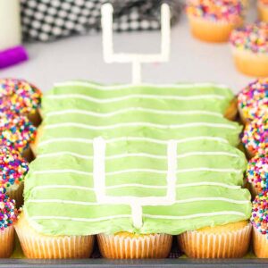 Football stadium cupcakes decorated as a football field with green icing and rainbow-sprinkle "fans" on the sides.