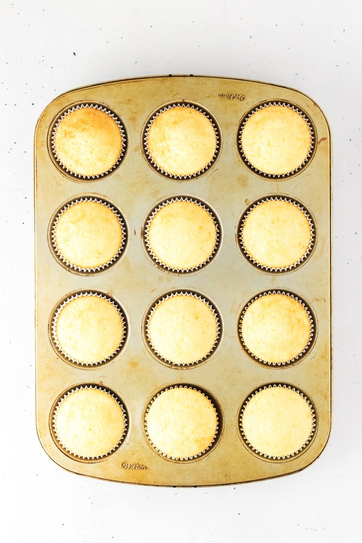A muffin tin with 12 freshly baked golden cupcakes in paper liners on a white background.
